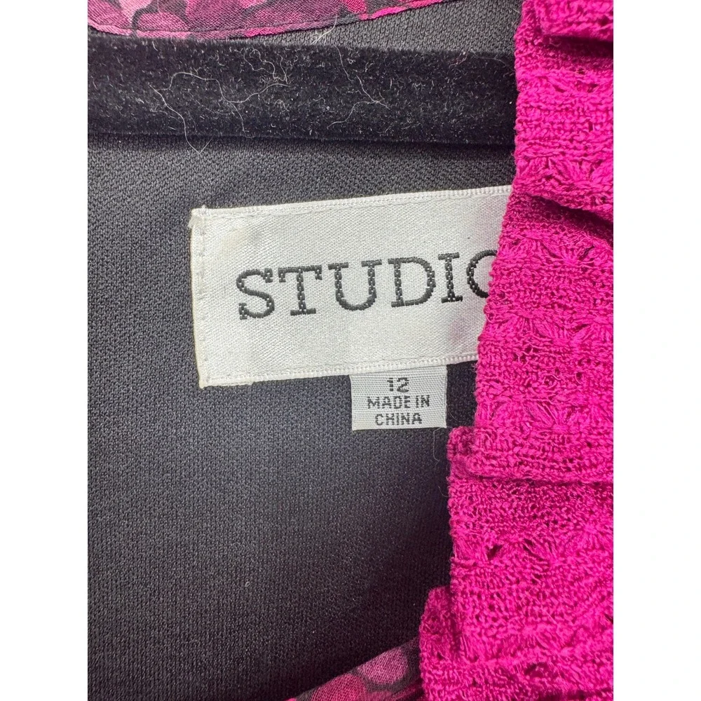 Studio I Dress & Cardigan Set Womens 12 Magenta Floral Ruffle Good 2pc Modest
